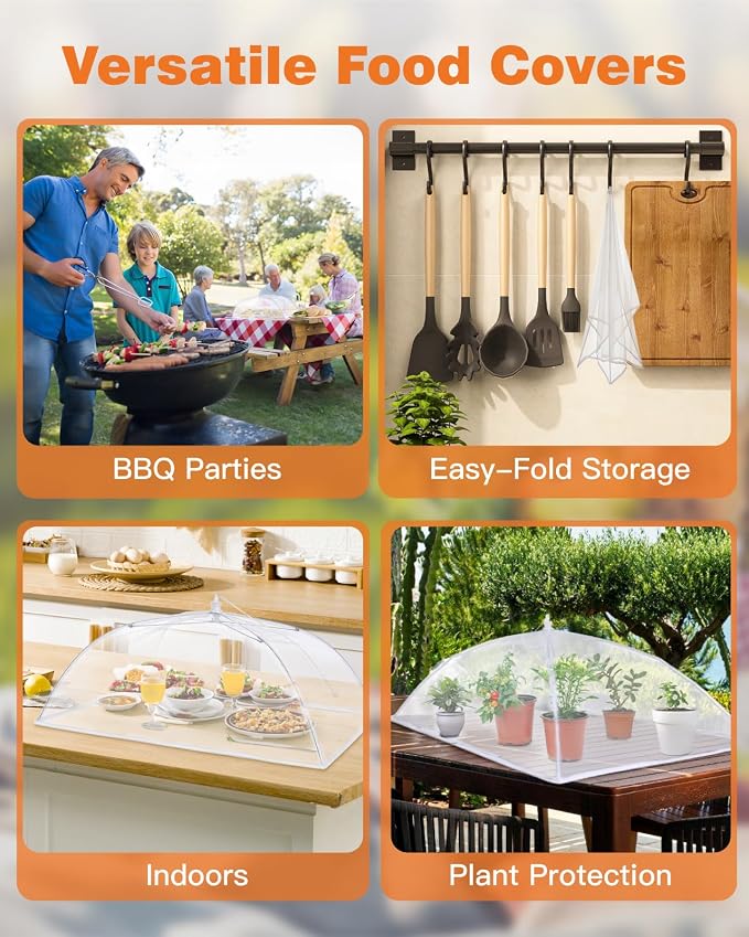 Anpro Food Covers for Outdoors - 1 Extra Large (40"x25") + 4 Large (17"x17") Pop-Up Mesh Food Tents, Collapsible Reusable Bug-Proof Nets for Picnics, BBQs & Camping, Stainless Steel Frame