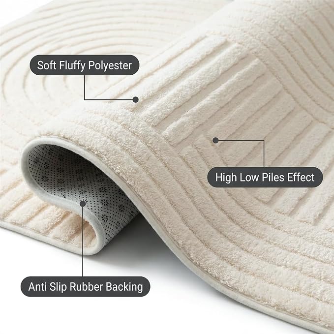 Beige Geometric 5x7 Solid Area Rug, Washable for Living Room Bedroom | Ultra Soft Thick High-Low Pile Carpet, Fluffy, Non-Slip Modern Geometric Rugs for bedside, Kids Room, Nursery, Home Office