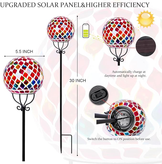 VCUTEKA Decorative Solar Garden Lights, 6" Mosaic Globe Outdoor Stake | Mosaic Glass Design with Solar Light, Weather Resistant, Auto On/Off and Metal Stake Design For Lawn and Patio, Red