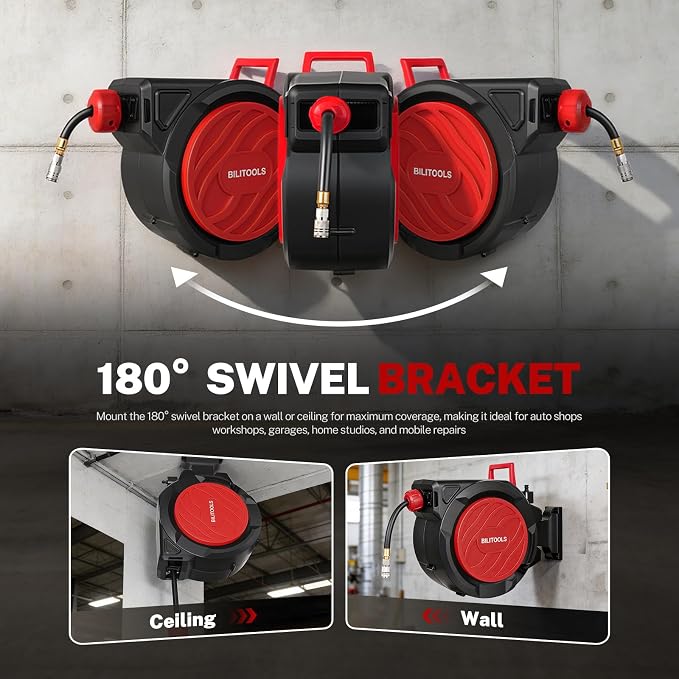 BILITOOLS Retractable Air Hose Reel, 3/8" x 100 ft Hybrid Air Hose Max 300PSI, Enclosed Air Compressor Hose Reel with Auto Rewind & 6.5 ft Lead-In Hose, 180° Swivel Wall/Ceiling Mount