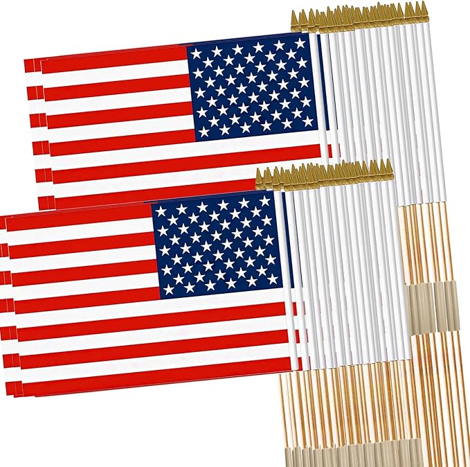 American Flags on Stick, 12x18 Inch 50 Pack Handheld US Stick Flags with Adjustable Pole, Safe Round Spear Top Small American Hand Flags for Sports Events & Holiday Celebrations