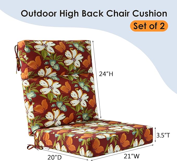 Unimatta Outdoor High Back Chair Cushion Seat Pads, 44 x 21 Inch Water-Repellent & Fade-Resistant Patio Furniture Cushions with Ties for Adirondack, Rocking Chairs, Red Floral