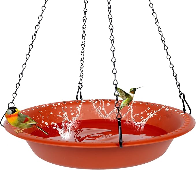 OVZILKI Bird Baths for Outdoors Heavy Duty, 14 inch BirdBath Bowl Only with Rust-Proof Black Chains, Hanging Bird Bath Hanging Bird-Feeder for Garden Backyard Decor (Terracotta 1 Pack)