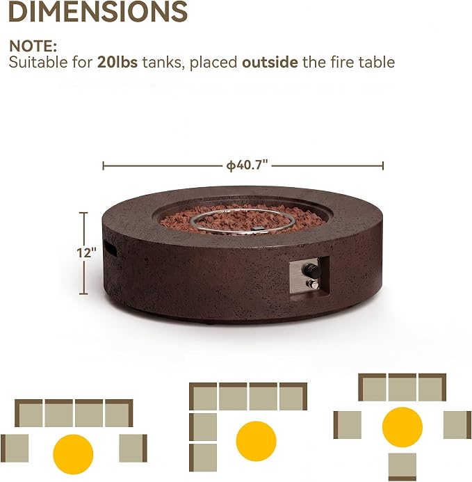 COSIEST 42 inch Outdoor Propane Fire Pit Coffee Table w Concrete Round Base Patio Heater, 50,000 BTU Stainless Steel Burner, Free Lava Rocks, Rain Cover, Brown