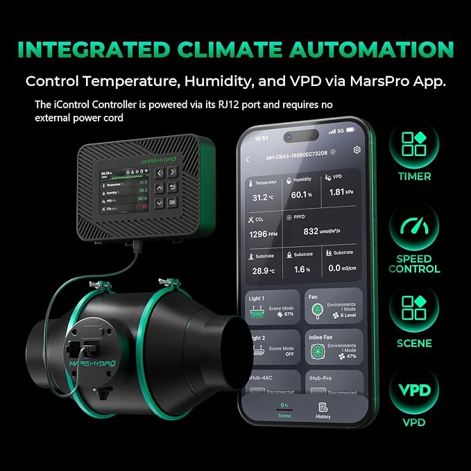 MARS HYDRO 4" Grow Tent Exhaust Fan kit with T&H iControl Controller | Air Filtration, App Remote Control,Ventilation System with Inline Fan,Carbon Filter,13ft Ducting