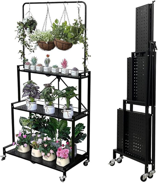 lumizone Foldable 4-Tier Plant Stand With Wheels Indoor Outdoor Black | Hanging Plant Shelf No Assembly Required Pot Placement Area Sturdy Fall Prevention Storage Shelf Flower Pot Stand