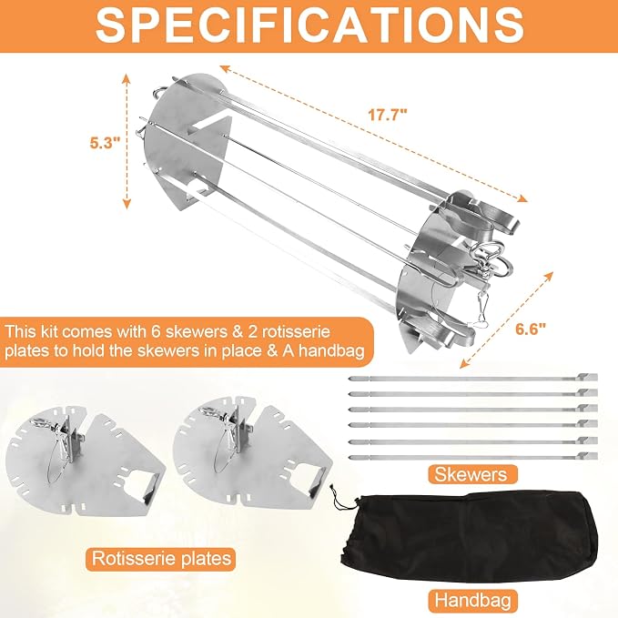 Grill Rotisserie Accessories for Weber Crafted Rotisserie Skewers, Shish Kebab Skewer Set w/Carry Bag for Weber Genesis,Spirit,Summit Gas Grill, 7675 Rotisserie Skewer for Most Grills,Stainless Steel