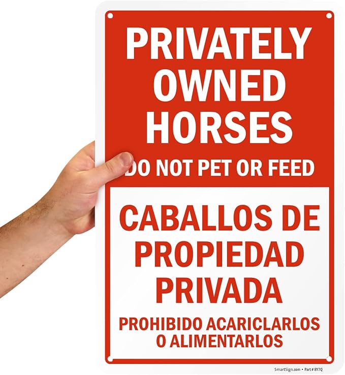 SmartSign 18 x 12 inch “Privately Owned Horses - Do Not Pet Or Feed” Bilingual Metal Sign, 63 mil Laminated Rustproof Aluminum, Red and White, Made in USA