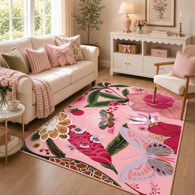 Tyrot Pink Boho Floral 3x5 Washable Area Rug Flat Woven Ultra Thin Low Pile Coquette Cute Rug Non Slip Indoor Botanical Butterfly Rug for Living Room, Bedroom, Entryway, Nursery, Dorm