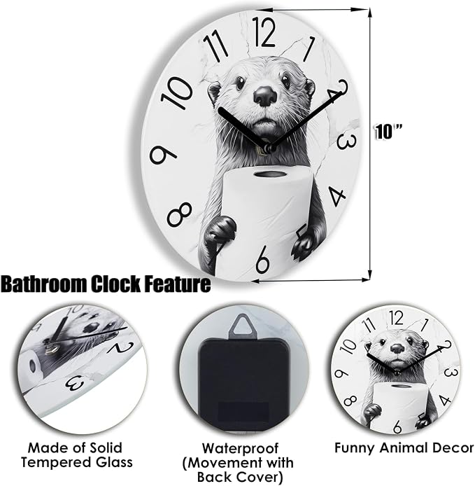 Crosstime Bathroom Clock Modern Style Shower Clock Waterproof Glass Wall Clock for Bathroom Wall Decor - 10 Inch,Toilet Paper in Little Funny Otter's Hand Animal Theme