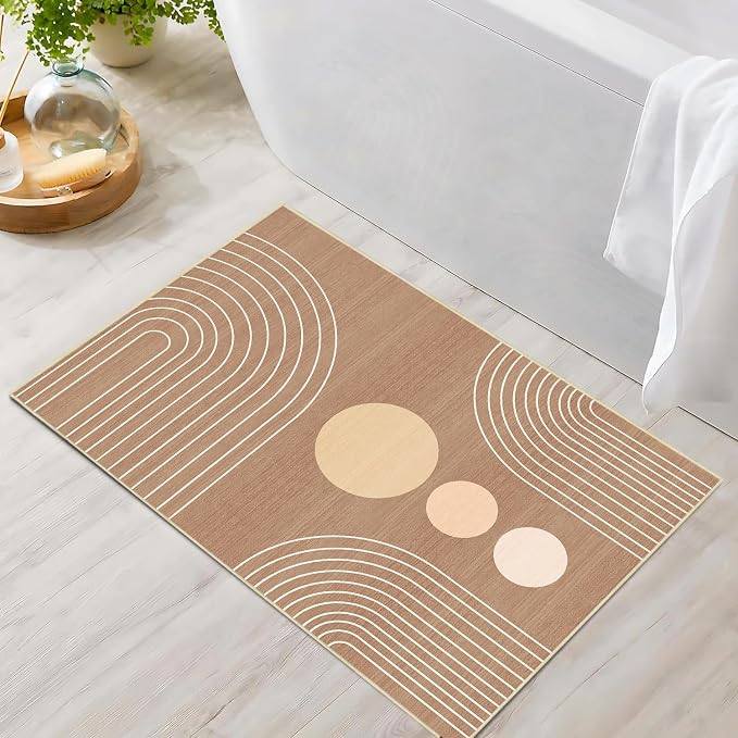 Boho 2x3 Rug for Entryway Modern Geometric Abstract Area Rug Brown Mid Century Modern Machine Washable Door Mat Contemporary Non-Slip Printed Low-Pile Floor Carpet Kitchen Bathroom Laundry Brown
