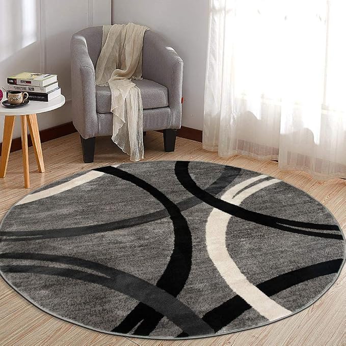 Rugshop Wavy Circles Jute Backing Living Room Dining Room Round Rug Gray 8' | Round, Bedroom, Home Office, Kitchen, Entryway, Hallway, Nursery, Kids Room, Guest Room, High Traffic Area, Under Table