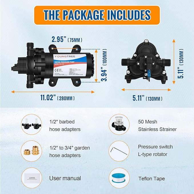 YOUNGTREE RV Water Pressure Diaphragm Pump 110V 4.0GPM 50PSI On Demand Fresh Water Transfer Pump 110Volt AC with Garden Hose Adapters for Irrigation Home Pool Draining Sprinkler