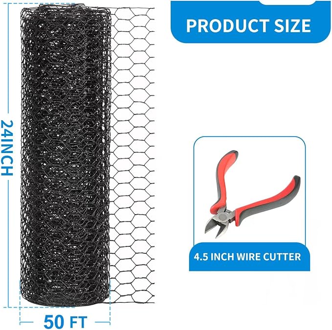 24'' x 50' Black Chicken Wire Mesh Fence, 15 Gauge Poultry Netting and 2 inch Mesh Fence Roll, Chicken Wire for Floral Arrangements/Crafts/Farm/Livestock/Pet Protection