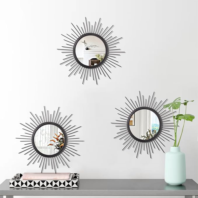 3 Pack Black Metal Wall Mirrors Sunburst Wall Mirrors Home Décor Art Decorative Modern Bohemian Hanging Wall Art for Bedroom Bathroom Living Room Entryway Small 12''