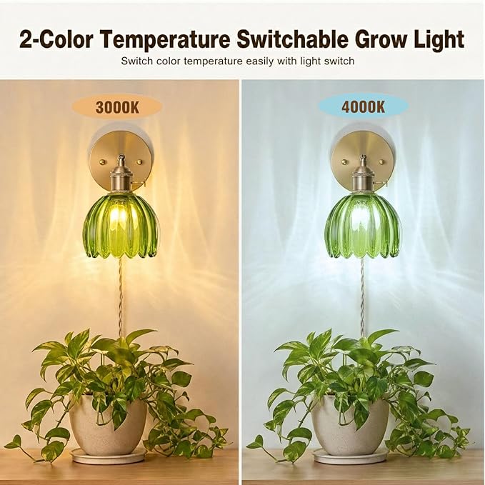 Wall Mounted Grow Lights for Indoor Plants with Vintage Tulip Glass Shade, Switch and Power Cord, Decorative Hanging Plants Light for Growing