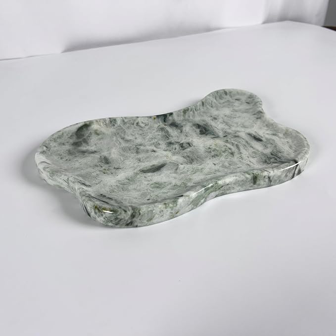 WneFu Choiziic Natural Decorative Tray, Cloud Shape, 9.8x6.1x0.62 Inches, Modern Style, Polished Finish, Bathroom Kitchen Counter Vanity Organizer with Anti-Slip Mad (Green-Marble-P)