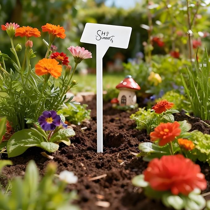 Mziart 30 Pack Large Plant Labels for Outdoor Garden Labels, Waterproof 12 Inch Tall T-Type Plastic Plant Tags Stakes Garden Markers for Herbs Flowers Vegetables, White