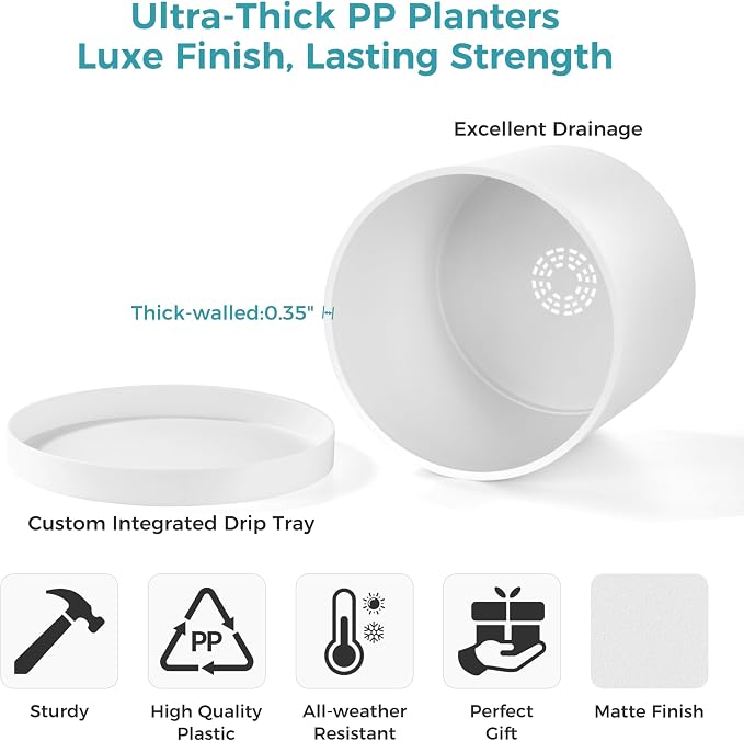 FaithLand 14-Inch Large Modern Cylinder Planter, Thick-Walled Plastic Plant Pot with Drainage Holes and Detachable Saucer, Matte White, Ideal for Indoor & Outdoor Plants Flowers