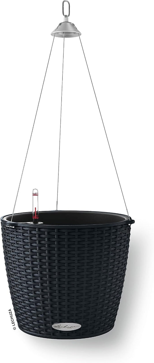 Lechuza Nido Cottage 28 Graphite Black, Self-Watering Hanging Planter, D10.6 H9.1 in