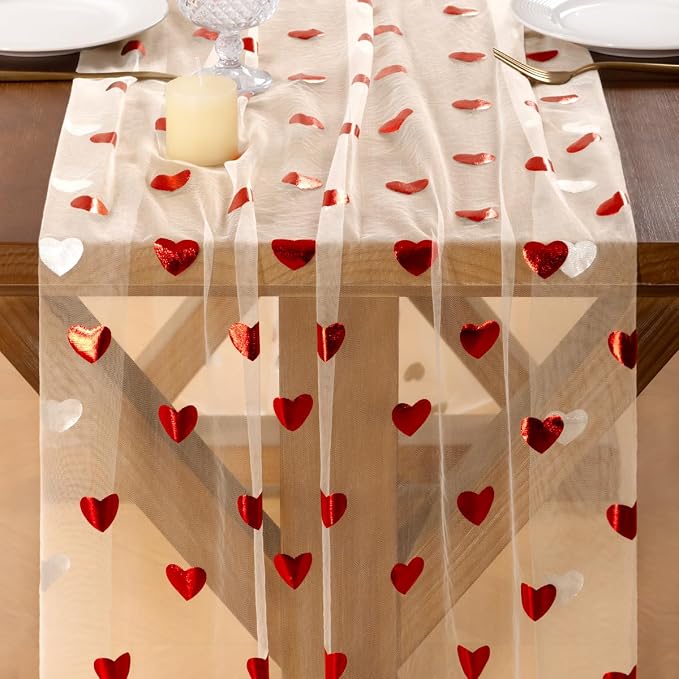 Socomi Valentine's Day Red Heart Table Runner Gauze Sheer Romantic Sequin 10FT Glitter Metallic Foil Dining Wedding Birthday Party Baby Shower Holiday Centerpiece Table Decor Beige