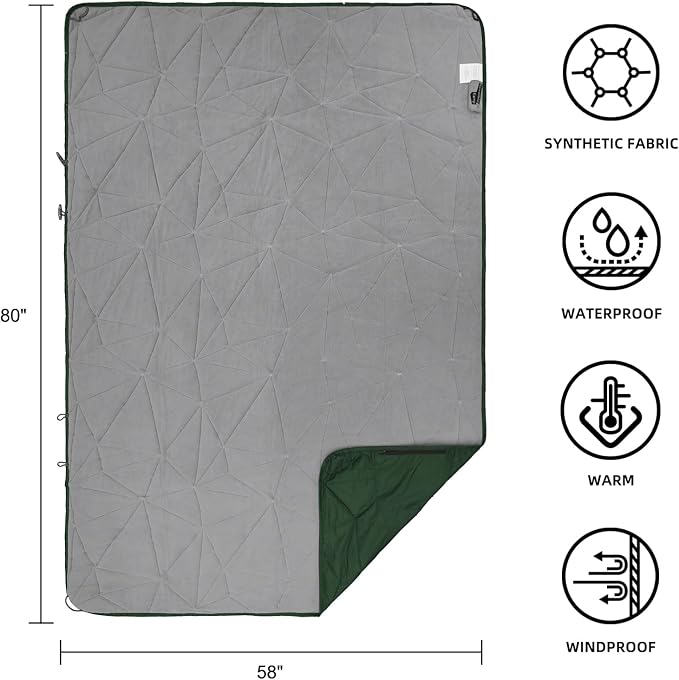Large Waterproof Outdoor Blanket Thick Fleece 80" x 58" | Windproof Stadium Blanket, Wearable Poncho, Machine Washable for Camping, Car, Pet, Picnics - Green
