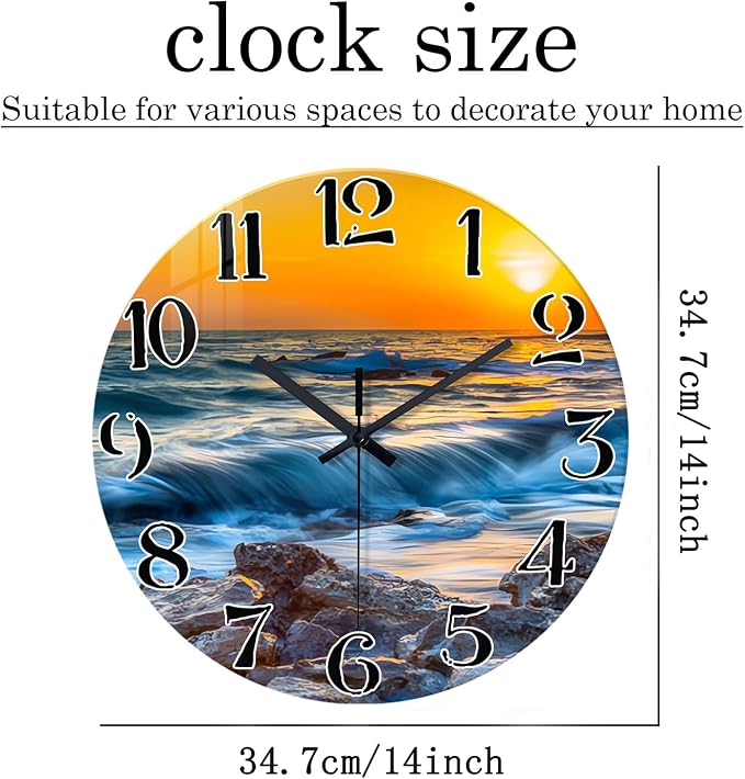 Blue Beach Wall Clocks Battery Operated 14 Inch | Analog Coastal Wall Clock for Bedroom Living Room Kitchen Glass Wall Clock Silent Non Ticking