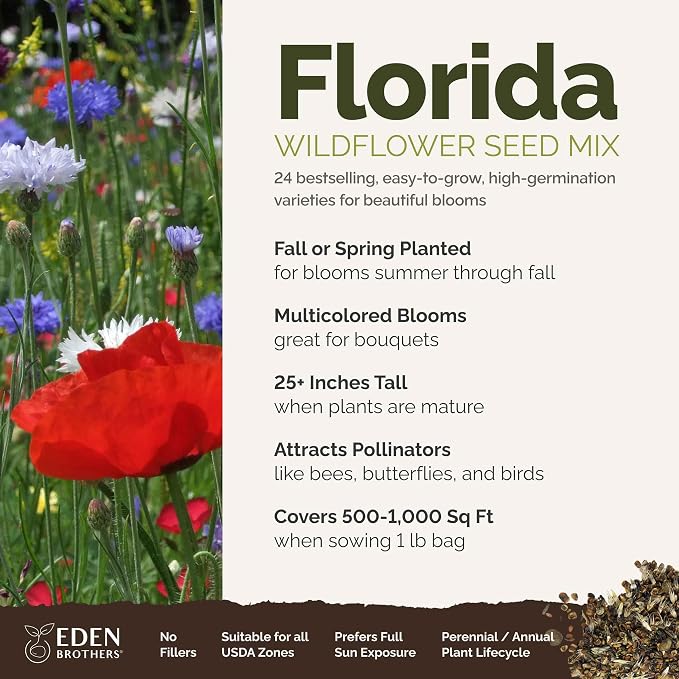 Eden Brothers Florida Wildflower Mixed Seeds for Planting, 1 lb, 480,000+ Seeds with Cornflower, Cosmos, African Daisy | Attracts Pollinators, Plant in Spring or Fall, Zones 3, 4, 5, 6, 7, 8, 9, 10