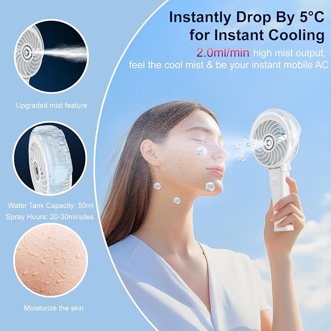 HandFan 4000mAh Portable Misting Fan, 50ml Water Tank, Rechargeable Handheld Personal Mister Fan, Spray Water Mist, Foldable Electric Hand Fans for Beach, Travel, Outdoors(White)