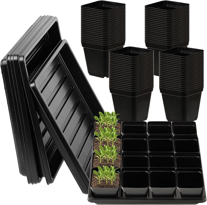 CIEOVO 2.4 inch 80 Pcs Square Nursery Pots with Drain Holes and 5 Pcs Plastic Plant Growing Trays, Seed Starter Kit Propagation Tray Seed Starting Pots for Seedling Plant Growing