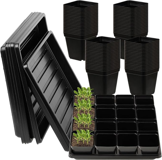 CIEOVO 2.4 inch 80 Pcs Square Nursery Pots with Drain Holes and 5 Pcs Plastic Plant Growing Trays, Seed Starter Kit Propagation Tray Seed Starting Pots for Seedling Plant Growing