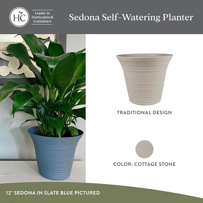 The HC Companies Sedona Round Self-Watering Pot - Lightweight Self Care Planter - Plastic Planter for Herbs & More - Durable Plant Pots for Indoor Plants & Outdoor Plants (9" Cottage Stone, Pack of 1)