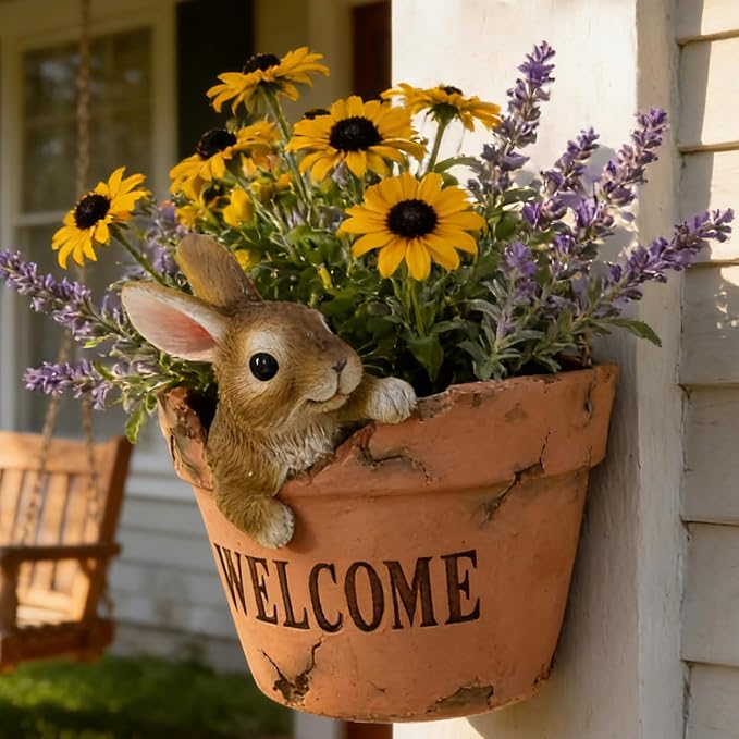 Hanging Planter with Cute Rabbit Design Decorative Wall Planter for Indoor Outdoor Terracotta Style Resin Unique Funny Plants Pot for Home Porch Garden Decor Artificial Flowers