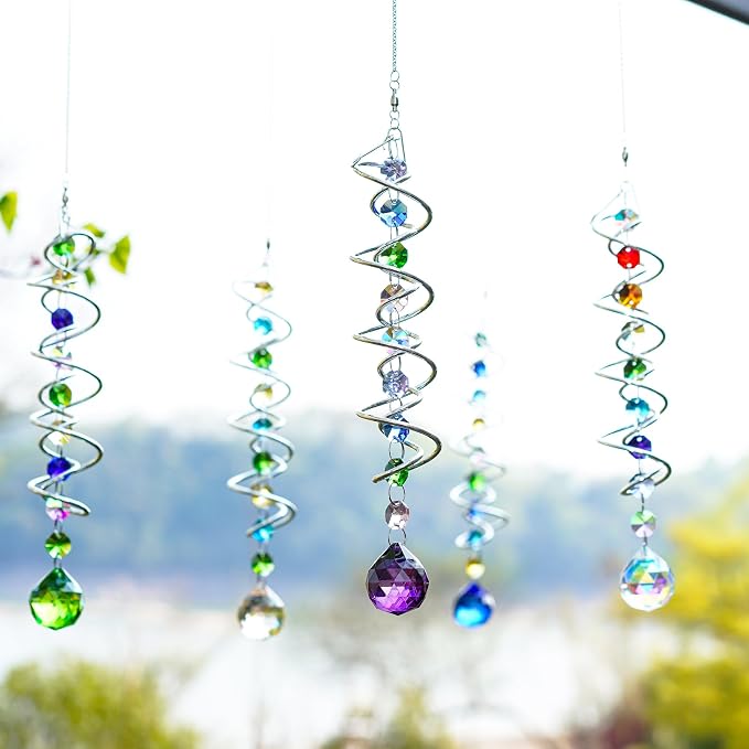 5 Pack Crystal Suncatcher Gazing Ball Spiral Wind Spinner Garden Decor | Crystal Sun Catcher Wind Spinner with Spiral Tail Gazing Ball Hanging for Indoor Outdoor Garden Patio Yard Home Decor