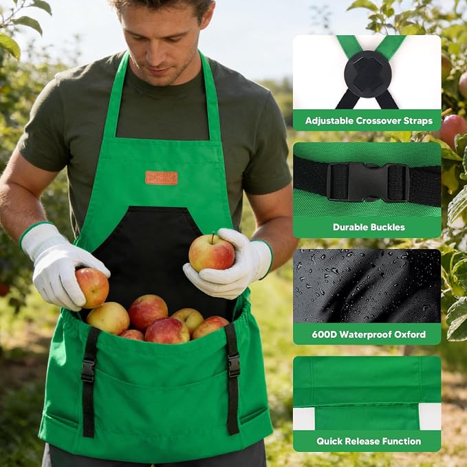 4PCS Harvest Apron Set, Gardening Apron with Adjustable Cross Strap & Multi-Pocket for Men Women, Includes Curved & Straight Garden Shears & Non-Slip Gloves, for Gardening, Harvesting