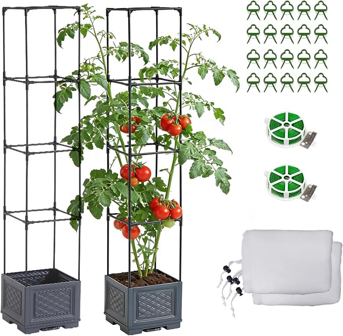 55 Inch Raised Garden Bed with Trellis, Self-Watering Tomato Planter Box with Hidden Rolling Wheels, Vertical Plant Support Cage for Climbing Vegetables Tomatoes Vines Flowers Indoor Outdoor 2 Pack