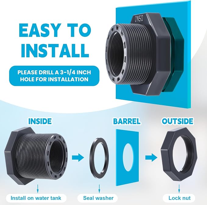 4 Pcs 2 Inch Bulkhead Fitting PVC Water Tank Connector Plumbing Pipe Threaded Bulkhead Fitting NPT for Rain Barrels, Water Tanks, Aquariums, Tubs, Pools