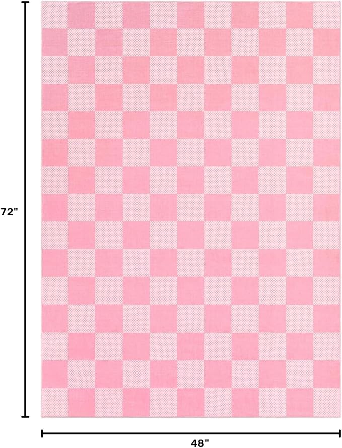 GarveeHome Checkered Pink 4x6 Washable Girls Rug Low-Pile Nursery Bedroom | Pink and White Area Rug for Living Room Girl Room Classroom Non-Slip Soft Stain Resistant Geometric Rugs TPE Backing