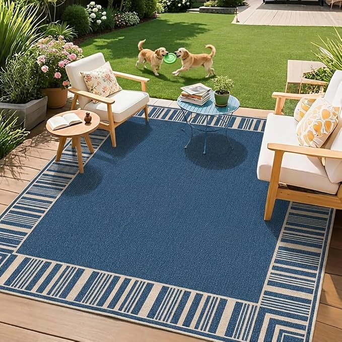 COZYLOOM Indoor Outdoor Rugs 8x10 Modern Easy Jute Washable Area Rug, Blue | Non Slip Neutral Bordered Non Shedding Stain Resistant Foldable Rug for Living Room Dining Room Bedroom Patio Backyard