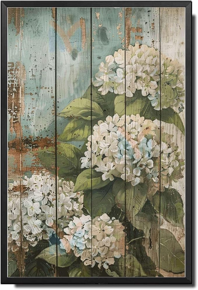 Metal Sign Tin Sign Vintage Shabby Chic Hydrangeas Tin Sign for Vintage Rustic Home Decor and Distressed Wood Panels Garden for Restaurant 6×8 Inches with Metal Frame