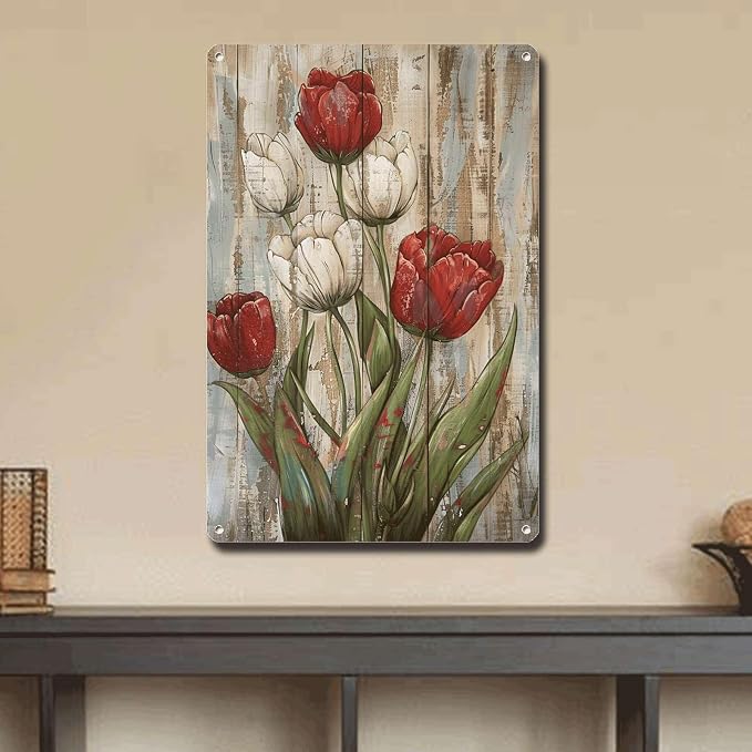 Metal Sign Tin Sign Vintage Wall Art Rustic Charm Tulips Tin Sign for Easy Installation Weather Resistant Design and Vintage Aesthetic Garden Tin Signs for Restaurant 12×16 Inches