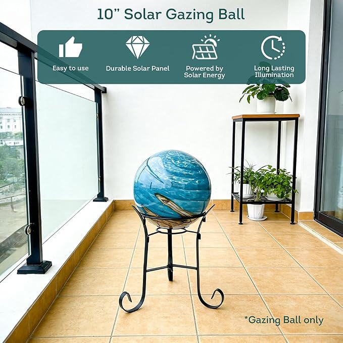 Lily's Home Gazing Ball - 7.68" Glass Globe with Solar Powered Lights - Outdoor Solar Lights for Yard & Patio - Garden Decor - Automatic On/Off Photosensitive Switch - Ocean Swirl