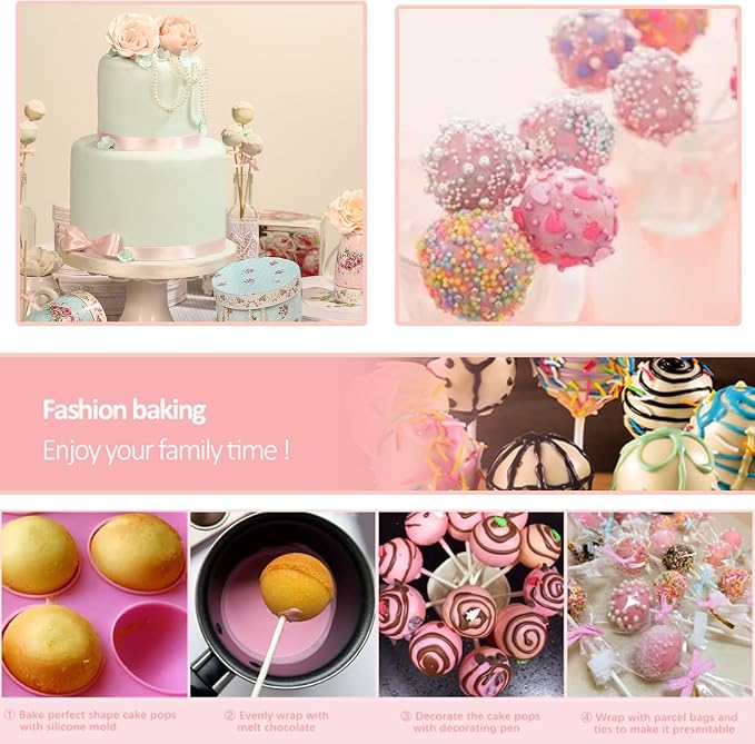 605Pcs Cake Pop Kit,Silicone Lollipop Molds Including Lollipop Sticks,Measuring Cup,Treat Bags,Twist Ties,Decorating Pen,Round Mold,Meat Baller with Handles,Lollipop, Candy,Display Stand Holder