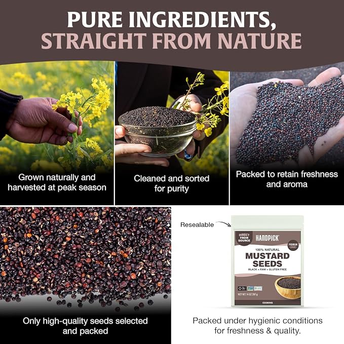 HANDPICK Culinary Black Mustard Seeds (397g/14oz), Gluten free, 100% Raw, Sourced from India, Packed in Resealable Zip Lock Pouch | All Natural - Easy to Use