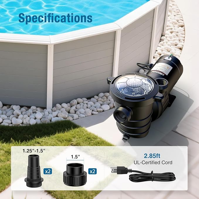 CrestWave 1 HP Above Ground Pool Pump 5300GPH High Flow 115V Single Speed | Self-Priming Pump, Quiet Energy Efficient w/Large Strainer Basket, 1.5", 1.25"-1.5" Adaptors, Fits Pools Spas Irrigation