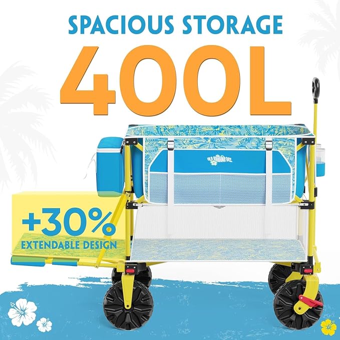 Double Decker Beach Wagon Cart, 400L Extra Large Capacity, 450lbs Heavy Duty, 54" Extendable Tailgate, All-Terrain Wheels with Brakes, Cooler Bag, Cup Holders & Side Pockets for Beach Camping Shoping