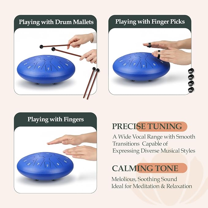 Steel Tongue Drum - 15 Note 12 Inch C Major Handpan Drum for Meditation and Beginners, with Music Book, Rain Drum Mallets, and Carrying Case (Blue, 12 Inch)