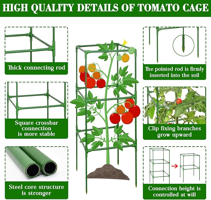 ZeeDix 6 Pack Heavy Duty Tomato Cages for Garden 45 Inches, Square Adjustable Tomato Trellis Cage Climbing Plant Support Trellis Plant Cages for Climbing Vegetables Flowers with 40Pcs Clips