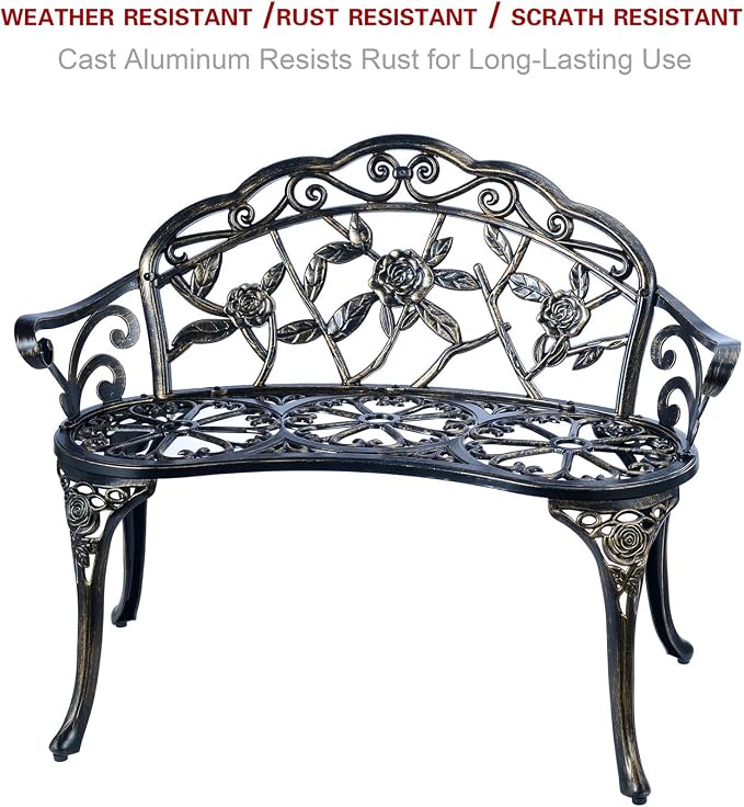 Patio Balcony Bench Double Seat, Anti-Rust Cast Aluminum Patio Garden Bench for Park Yard Outdoor Furniture Copper.1