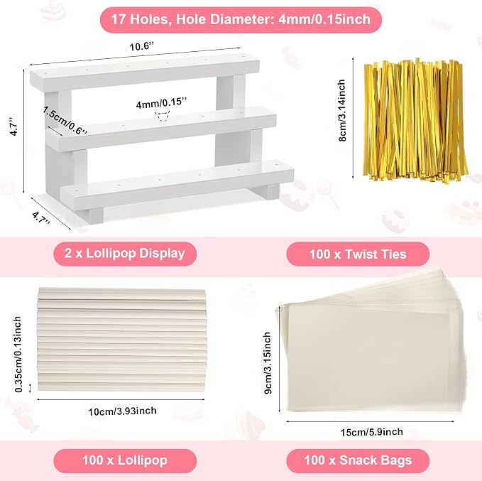 Tuanse 2 Pack Wooden Cake Pop Stand 3 Tier Cake Pop & Lollipop Display Holder with 100 Treat Bags Lollipop Sticks and Gold Twist Ties for Dessert Table Wedding Baby Shower Birthday Party(Wood)